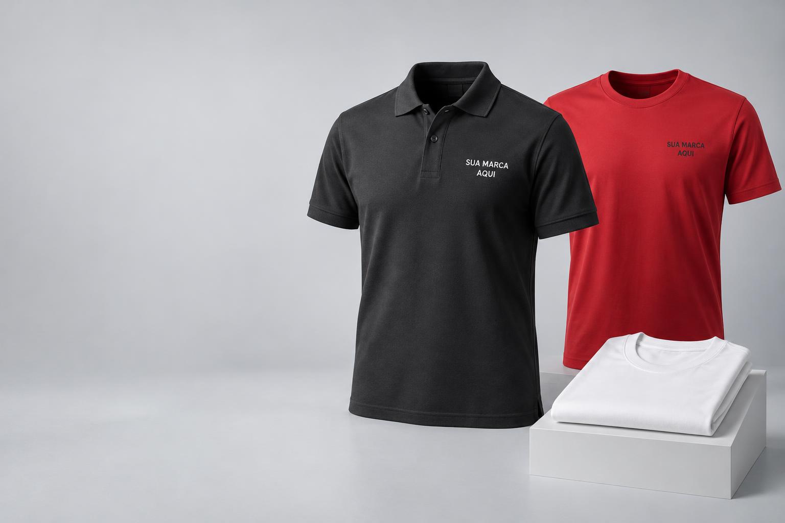 Polo chumbo e camiseta vermelha com a inscrição Sua marca aqui, e camiseta branca dobrada